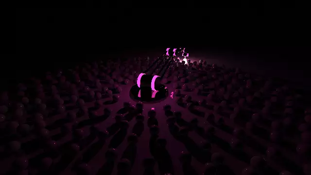 This shader is a proof of concept to see if I could create a "typical" Shadertoy shader, i.e., a shader that renders a non-trivial animated 3D scene using a ray tracer instead of the commonly used raymarching techniques.